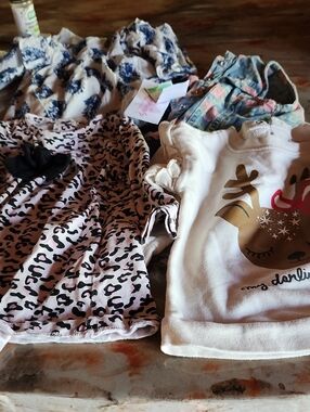 Girls Mixed Outfit Bundle  Leopard Dress + White Reindeer Top Jean Vest Dress